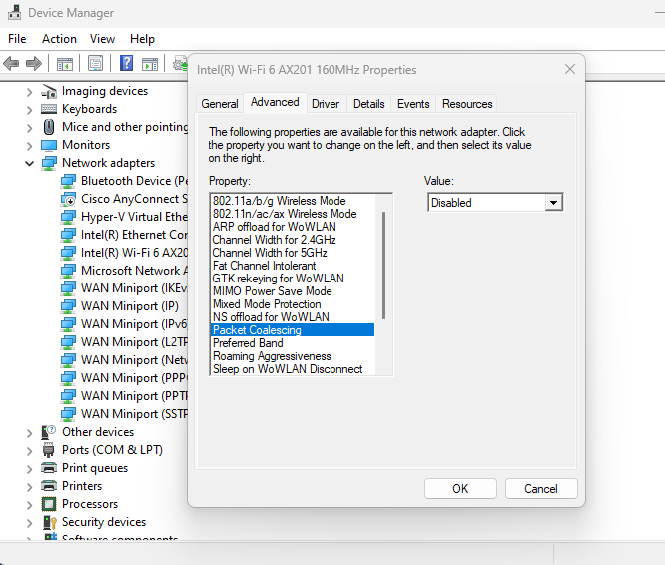 Disable packet coalescing screenshot